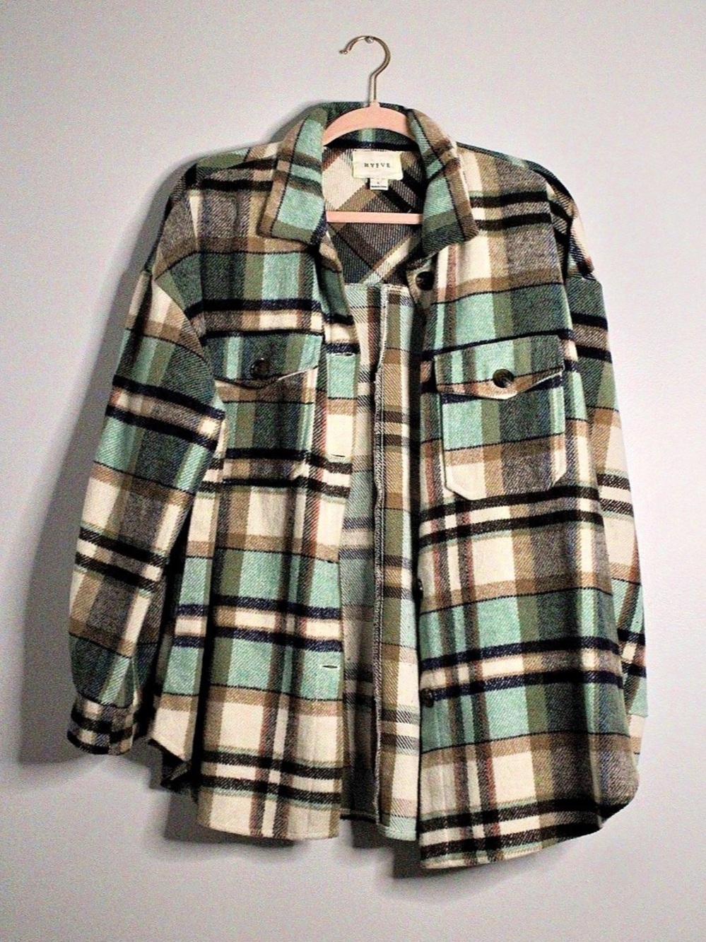 HYFVE Plaid Shacket in Green & Brown Size Large Like New